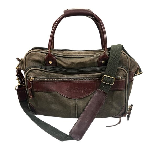 Vintage Orvis Canvas & Leather Duffle Travel Messenger Bag Green Brown 16” - Picture 4 of 16